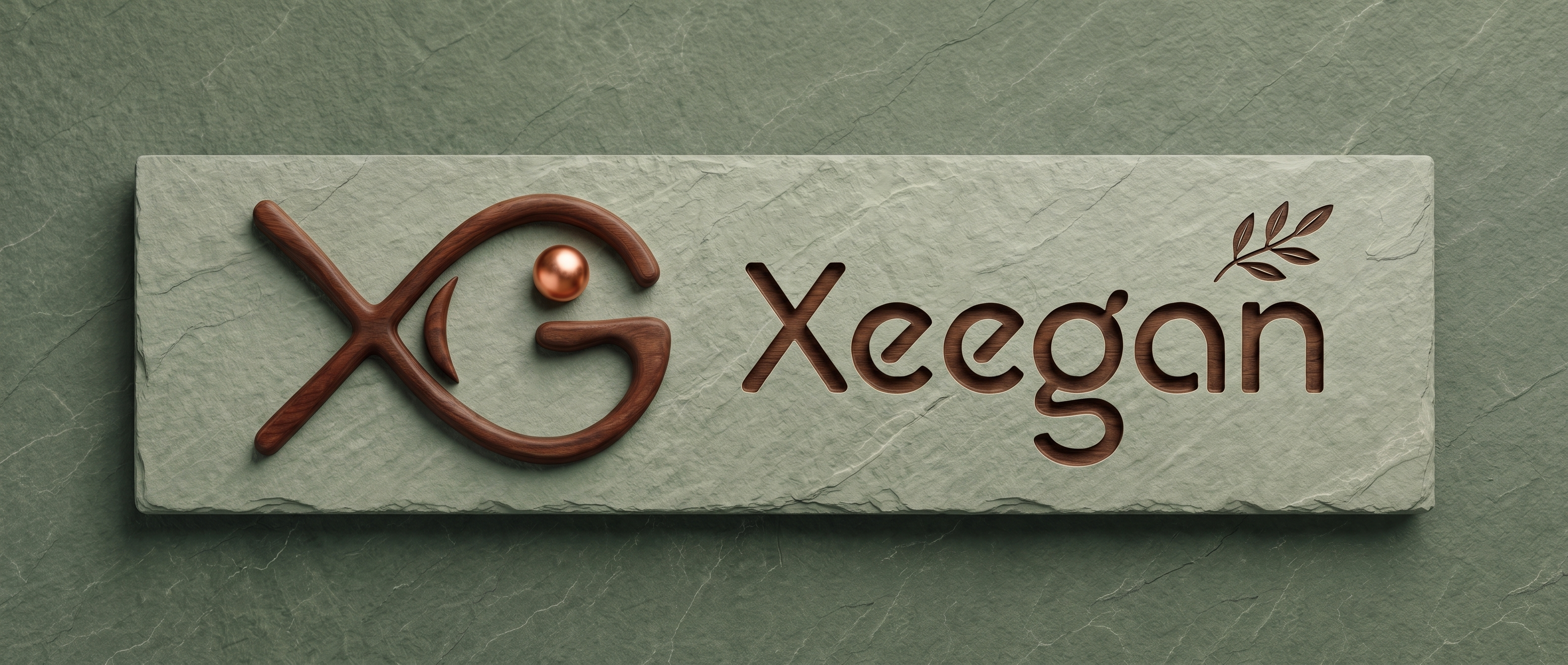 Xeegan logo on a carved stone plaque